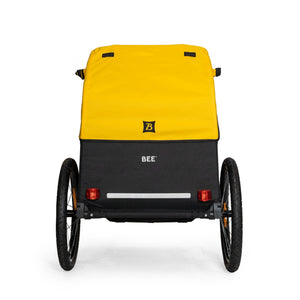 Burley Bee Double rear view showing the yellow cover and rear reflectors