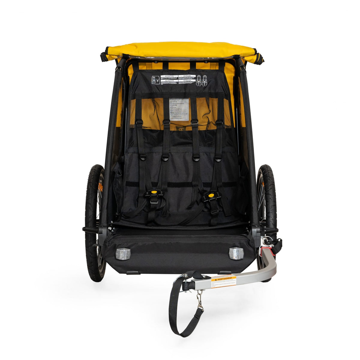 Burley Bee Double front view with the cover open, showing two seats with harnesses