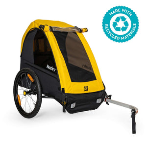 Burley Bee Single kids bike trailer in yellow and black, front three-quarter view with hitch arm