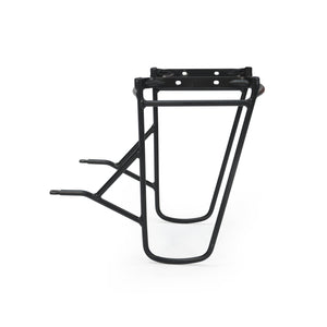 Side view of the black Burley Coho Pannier Rack showing its looped side rails and angled support struts