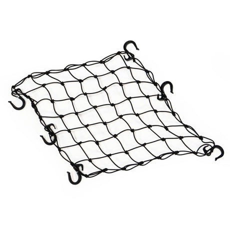 Burley Cargo Bungee Net laid flat, black elastic mesh with black plastic hooks around the edge