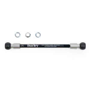 Burley Coho Thru Axle printed M12 x 1.0 152-167mm, black shaft with silver end collars and black ball ends, three rings shown above