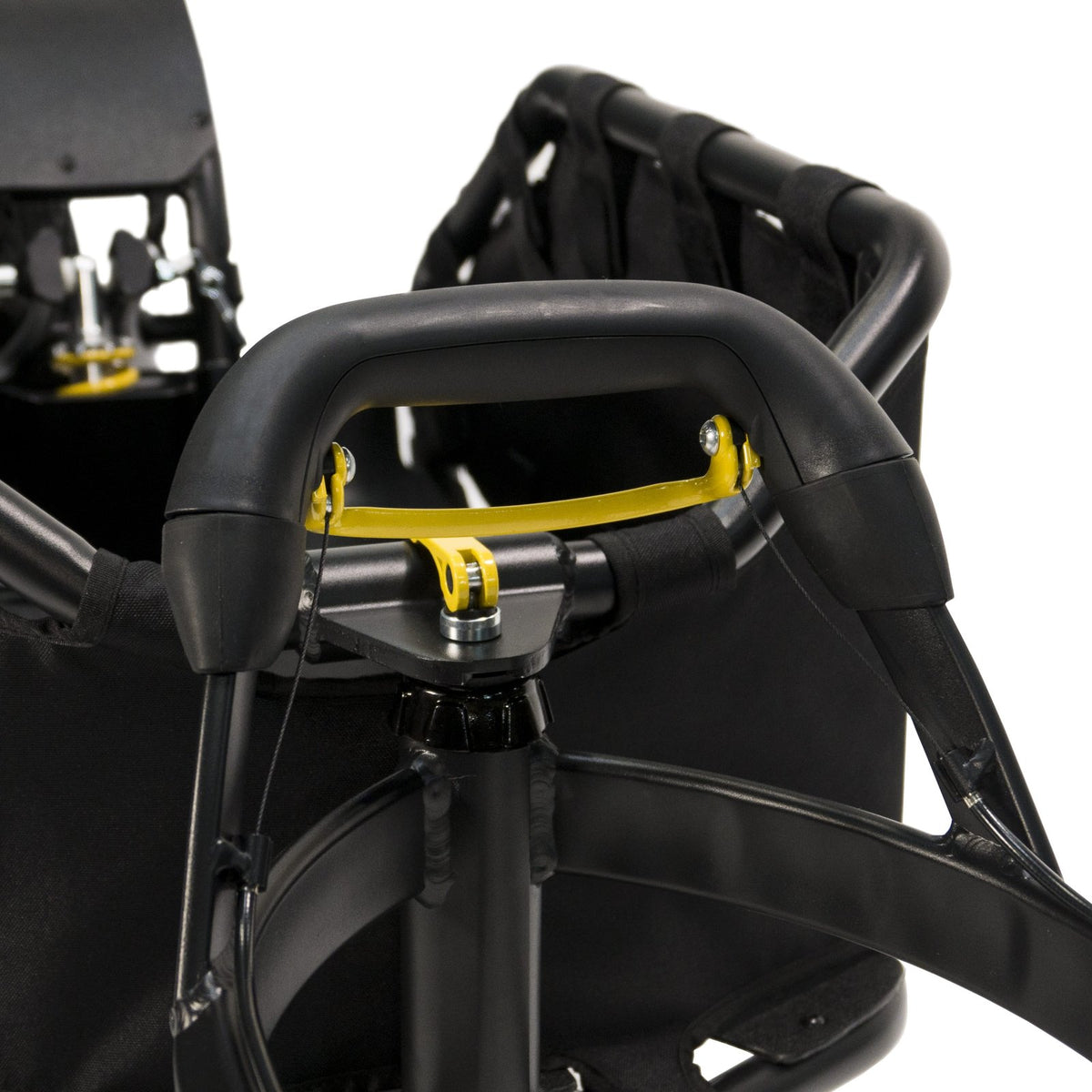 Burley Coho XC front handle with a yellow lever mounted beneath it, kickstand post below