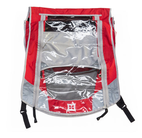 Burley Solo cover laid flat, red and grey fabric with a clear window panel over mesh and black straps at the base
