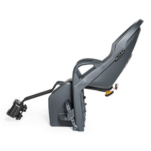 Side view of a grey Burley Dash child seat with black extended rails running to the frame mounting block