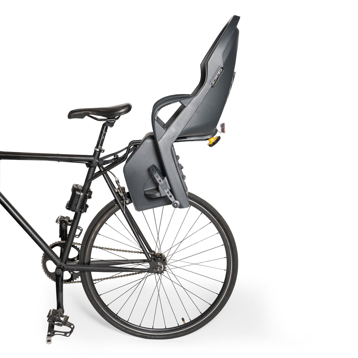 Grey Burley Dash child bike seat mounted on extended rails behind the saddle of a black bike
