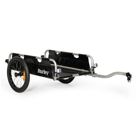 Burley Flatbed two-wheel cargo trailer, empty, black fabric sides on a silver aluminium frame with tow arm