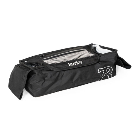 Black Burley Handlebar Console with clear top pocket, Burley logo and side flaps, shown on its own