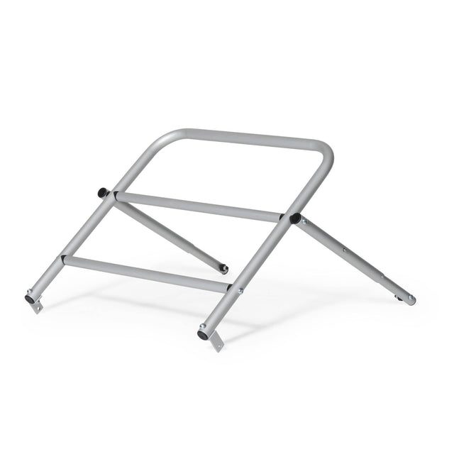Burley Nomad Cargo Rack on its own, silver tubular frame with cross bars and angled support legs