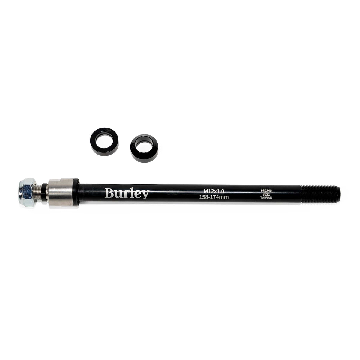 Burley Thru Axle, black shaft with Burley logo, silver nut and collar at the left, two black rings above