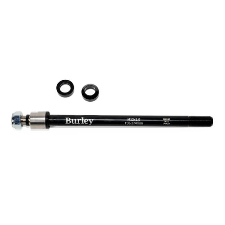 Burley Thru Axle, black shaft with Burley logo, silver nut and collar at the left, two black rings above