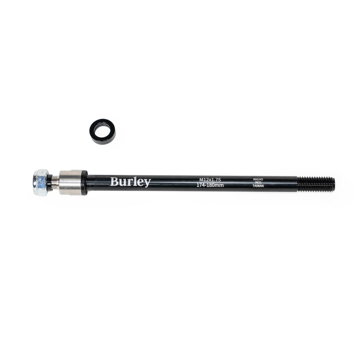 Burley Thru Axle with a threaded tip and one black ring laid above the shaft