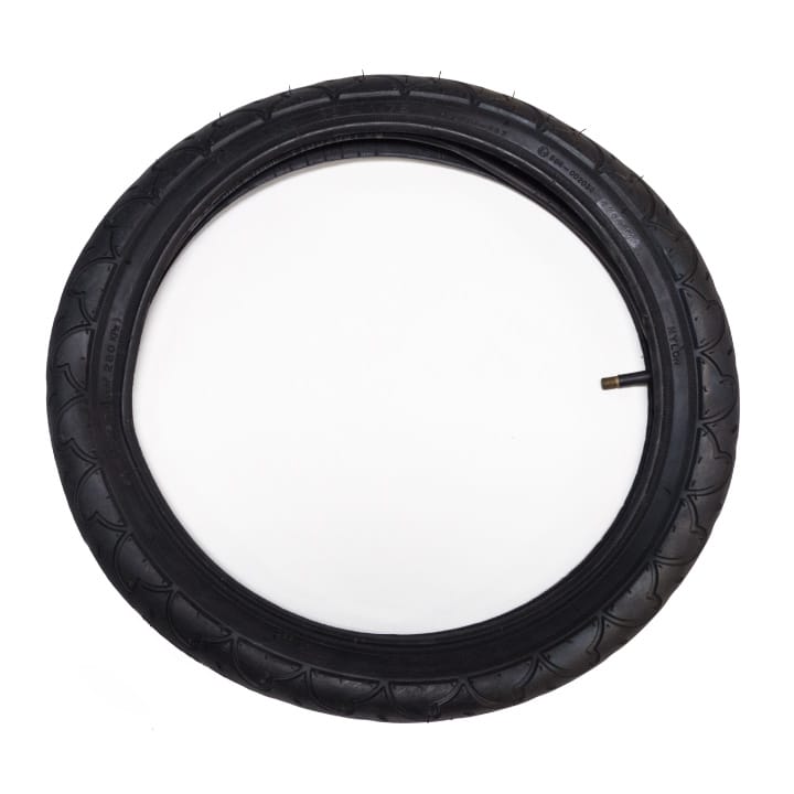 Burley 16 inch black trailer tyre with the inner tube fitted inside and its valve stem showing