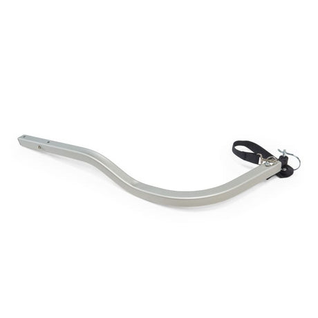 Burley silver curved tow bar for cargo and pet trailers, with a black safety strap and pin at the hitch end
