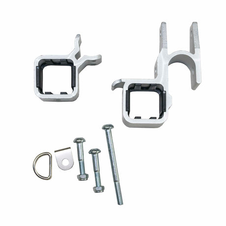 Burley Tow Bar Receiver Kit laid out: two silver square receiver brackets, a D-ring, a small tab and three bolts with nuts