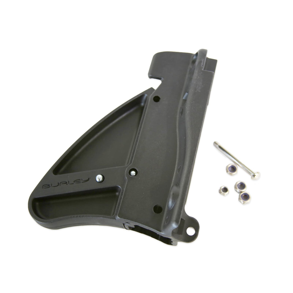 Burley left tow bar receiver, a black moulded bracket with Burley logo, shown with a bolt and four nuts