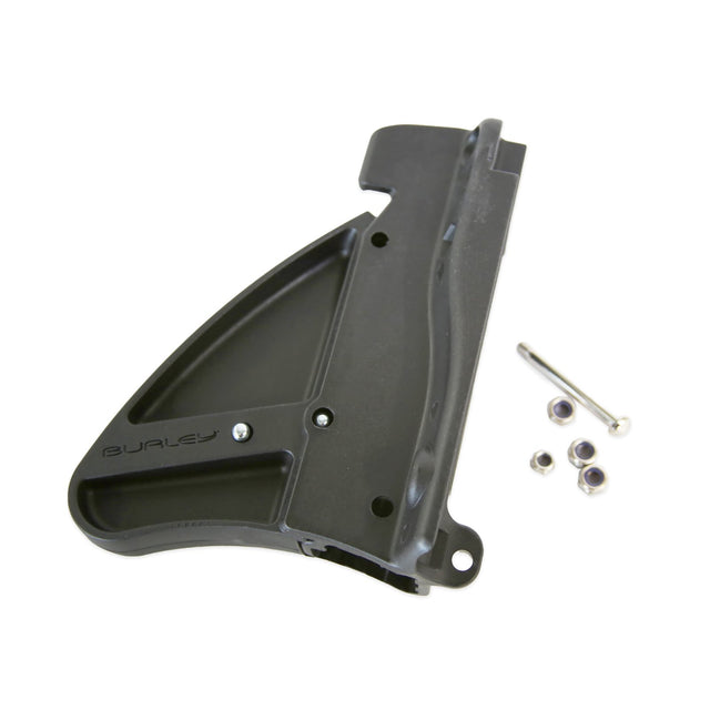 Burley left tow bar receiver, a black moulded bracket with Burley logo, shown with a bolt and four nuts