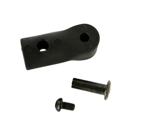 Burley Travoy flex connector, a black moulded block with two holes, shown with a black bolt and a short screw