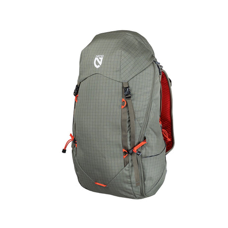 Nemo Resolve Men's 35L in Smokey Olive at an angle, red back panel lining visible