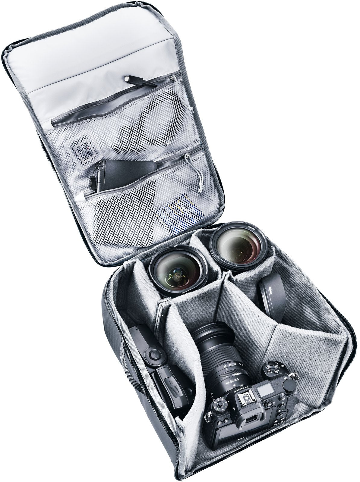 Deuter Camera Box One open with a camera, lenses and accessories in the padded dividers