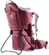 Deuter Kid Comfort child carrier in Maron, three-quarter front view on its kickstand