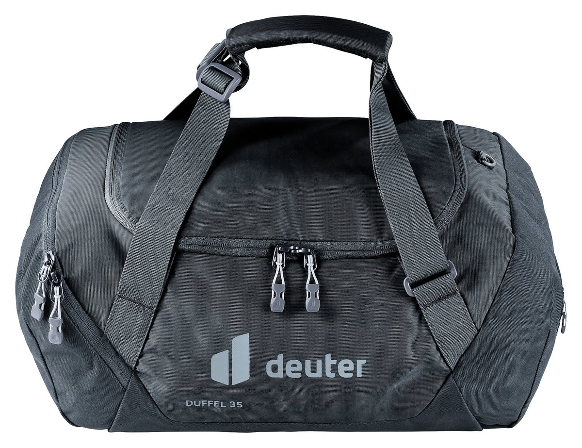 Deuter Duffel 35 travel duffel in Black, side view with logo and padded handles