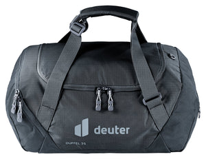 Deuter Duffel 35 travel duffel in Black, side view with logo and padded handles