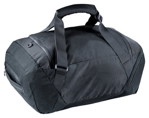 Deuter Duffel 35 in Black, three-quarter view of the top and straps