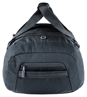 Deuter Duffel 35 in Black, end view showing the zipped end pocket and handles