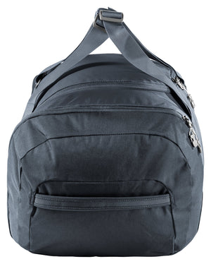 Deuter Duffel 70 in Black, end view with the side pocket and carry straps