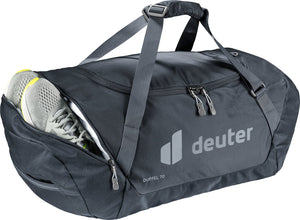Deuter Duffel 70 with a running shoe in the zipped side pocket