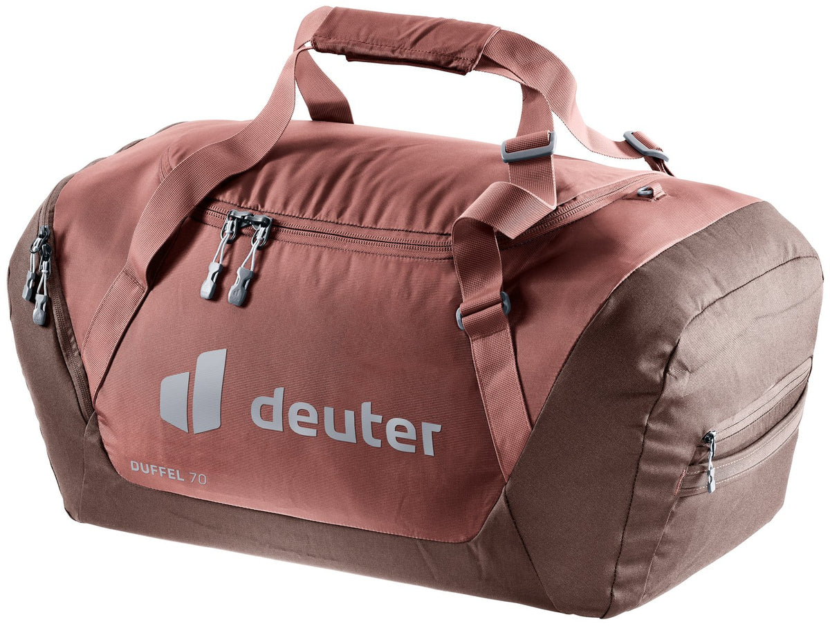 Deuter Duffel 70 in Caspia Raisin, rust red duffel bag with darker brown base