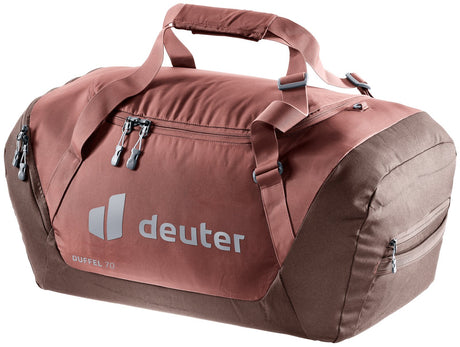 Deuter Duffel 70 in Caspia Raisin, rust red duffel bag with darker brown base