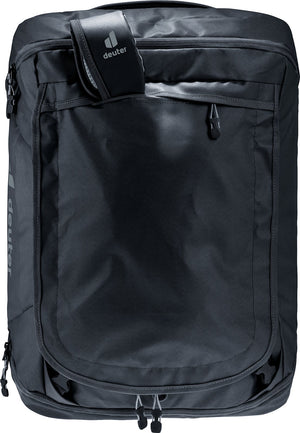 Deuter Duffel Pro 40 standing upright with the shoulder straps stowed in their pocket