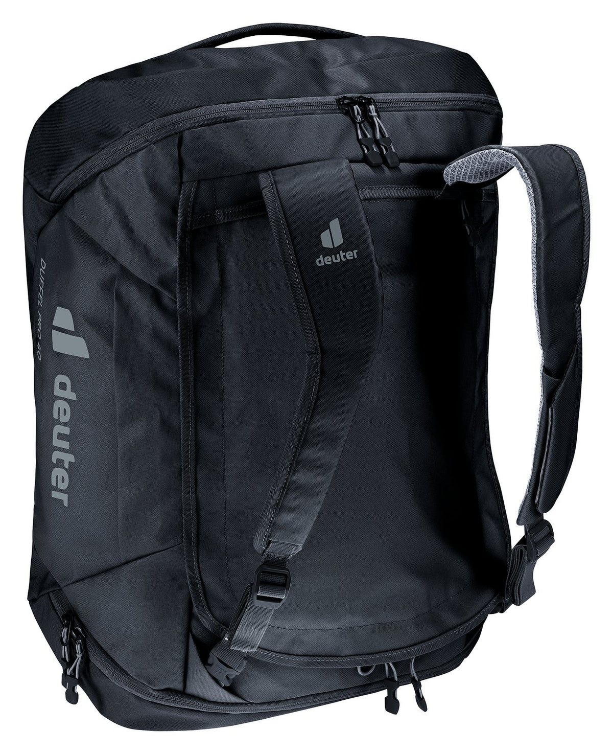 Deuter Duffel Pro 40 standing upright with shoulder straps for backpack carry