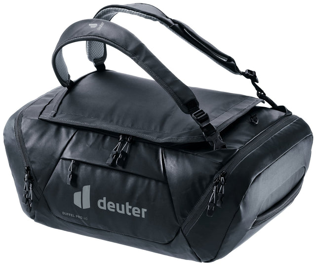 Deuter Duffel Pro 40 duffel bag in Black with shoulder straps over the top