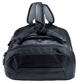 Deuter Duffel Pro 40 in Black, end-on view with the padded shoulder straps