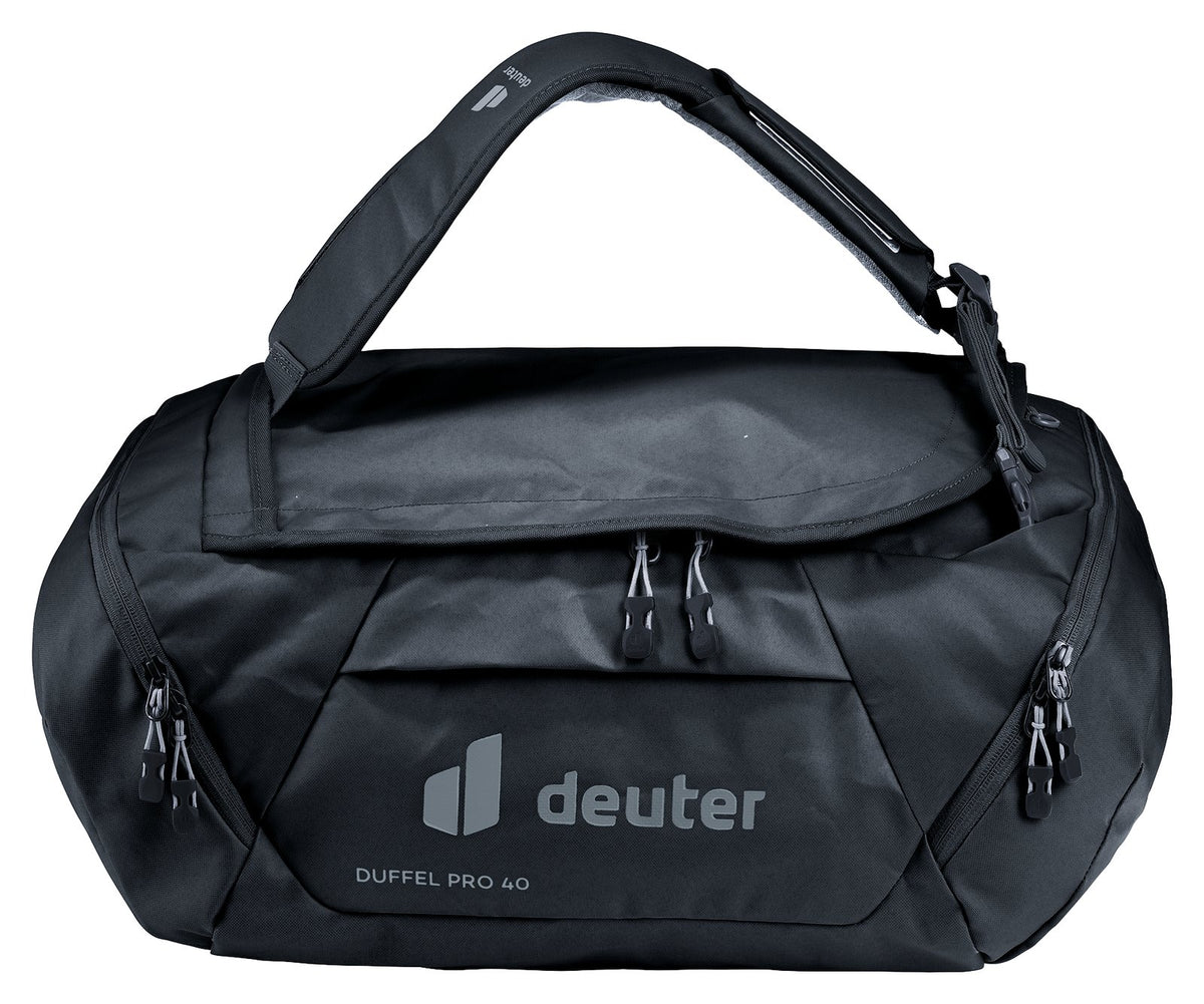 Deuter Duffel Pro 40 in Black, front view with the shoulder straps clipped as a handle