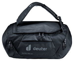Deuter Duffel Pro 40 in Black, front view with the shoulder straps clipped as a handle