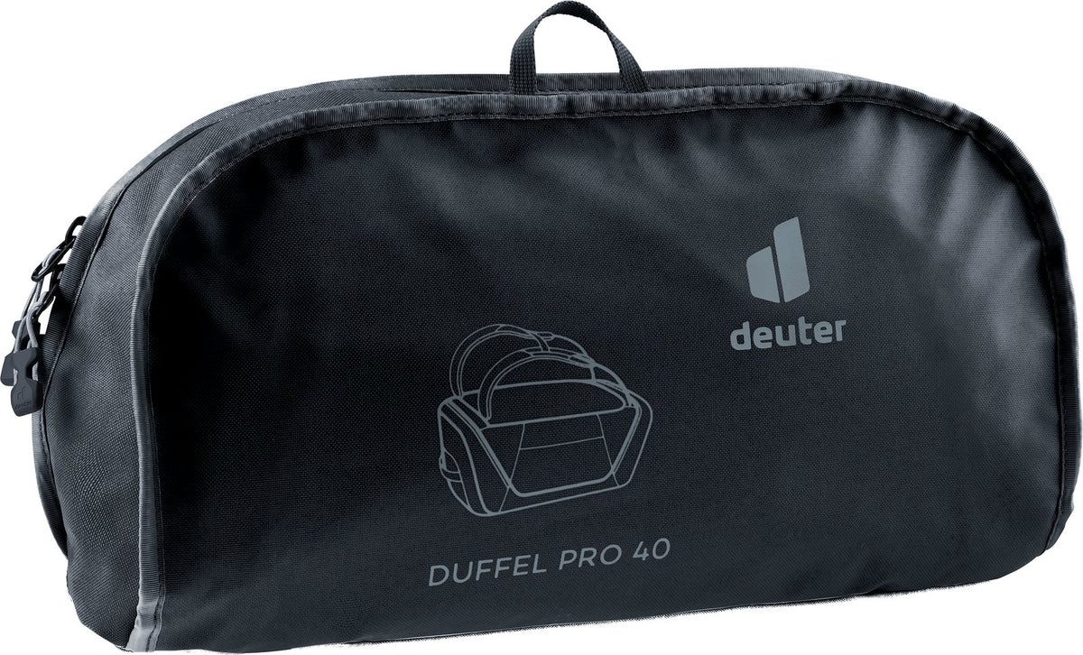 Deuter Duffel Pro 40 in Black, with its printed storage pouch