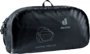 Deuter Duffel Pro 40 in Black, with its printed storage pouch