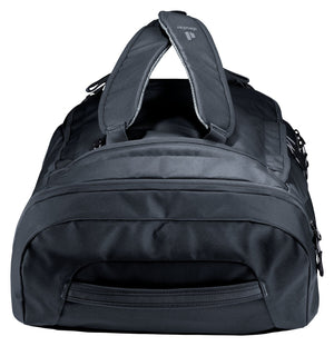 Deuter Duffel Pro 40 in Black, end view showing the zipped side pocket
