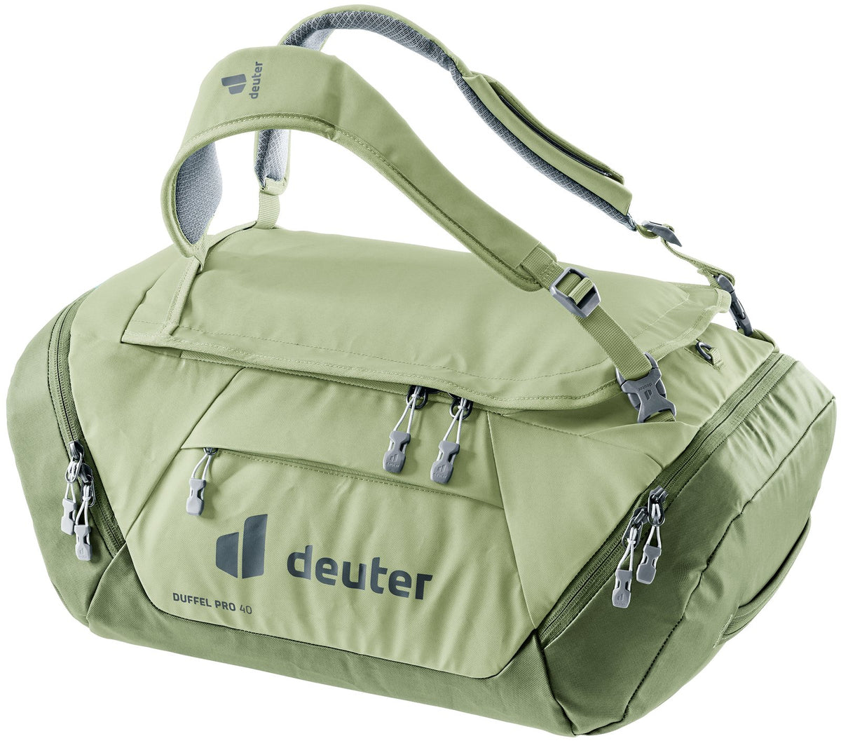 Deuter Duffel Pro 40 in Mineral Grove, sage green with grey straps