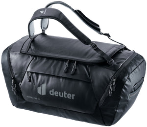 Deuter Duffel Pro 60 travel duffel in Black with shoulder straps and front zip pocket