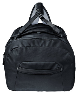Deuter Duffel Pro 60 in Black, end-on view with side pocket and carry straps