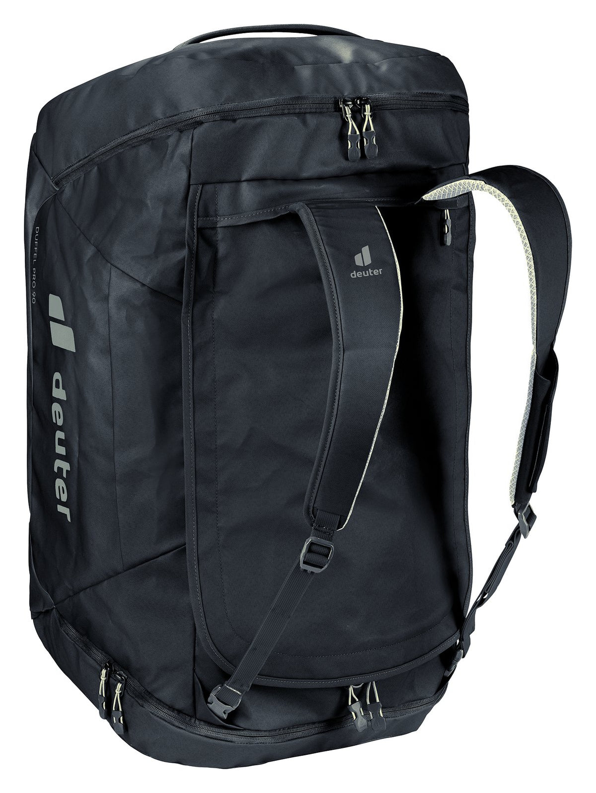 Deuter Duffel Pro 60 in Black stood on end with shoulder straps fitted for backpack carry