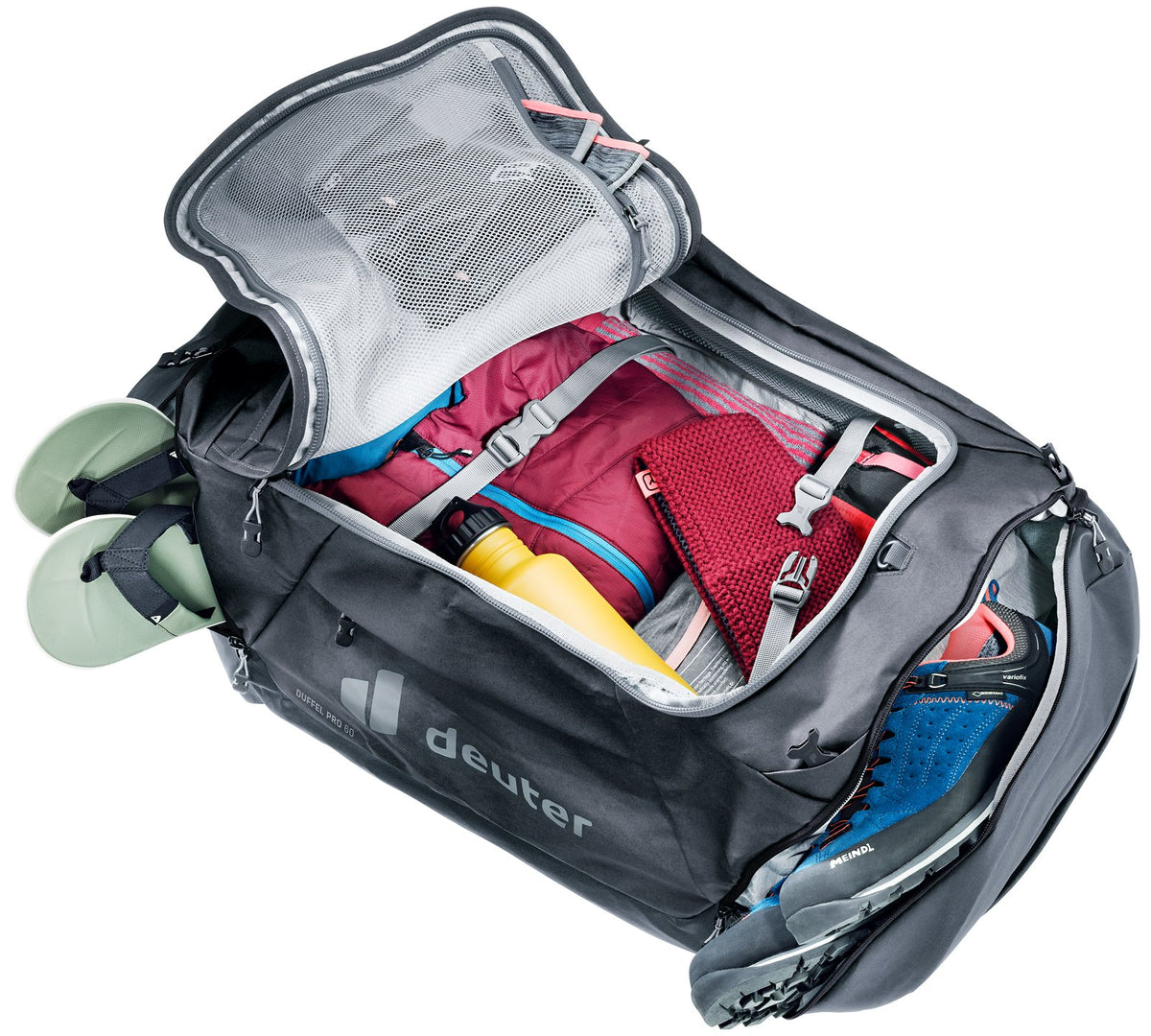 Deuter Duffel Pro 60 open from above, packed with clothes under the internal compression straps