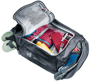 Deuter Duffel Pro 60 open from above, packed with clothes under the internal compression straps