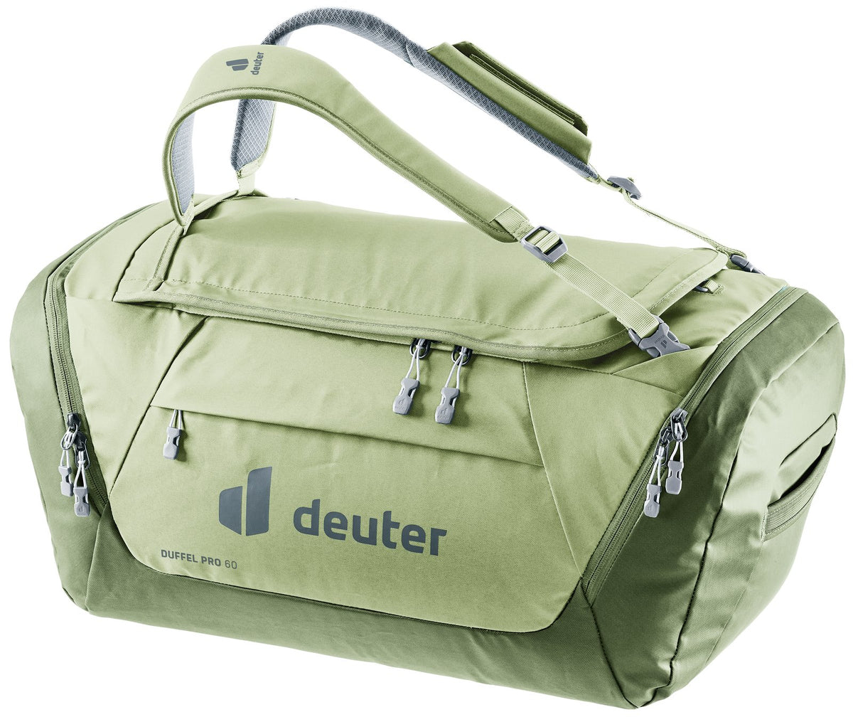 Deuter Duffel Pro 60 in Mineral Grove, sage green duffel with grey shoulder straps