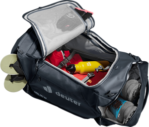 Deuter Duffel Pro 90 arch zip opened wide, packed with travel gear and inner mesh pocket